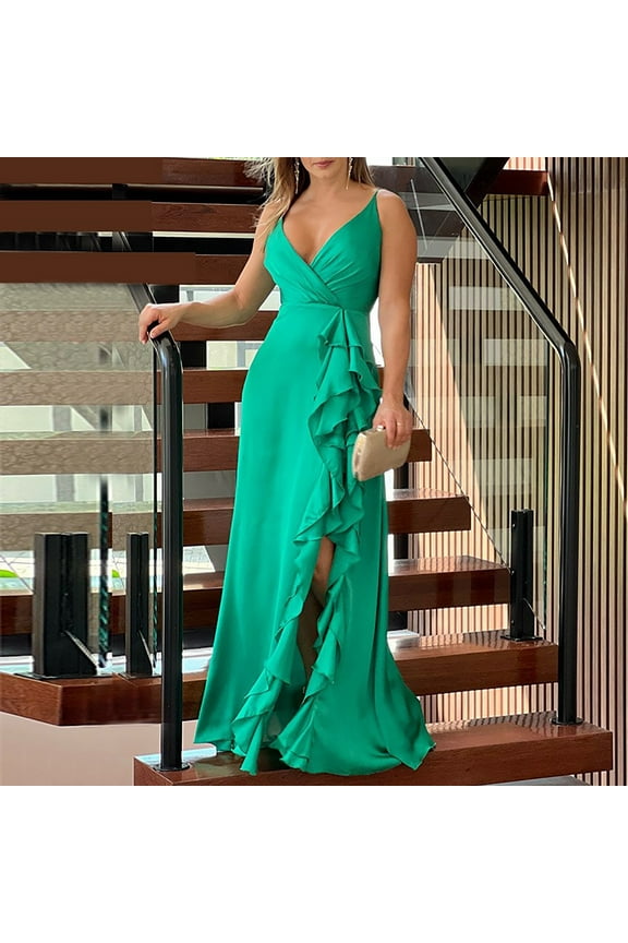 Women's V-Neck Split Maxi Dress-Short Sleeve-Satin-for Gala/Date Night-High-Slit Detail