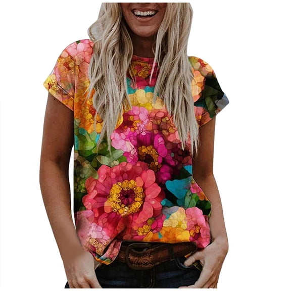 DailyTrove Women's Vibrant Tropical Floral Print Short Sleeve Top - Casual Loose Blouse, Exotic for Beach Vacations & Summer Gatherings