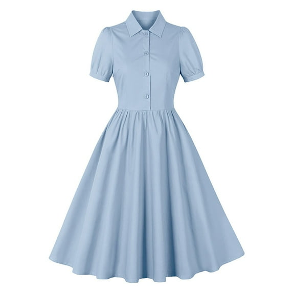 DailyTrove Women's Vintage A-Line Dress-Short Puff Sleeve-Knee-Length-Crewneck Solid Color-Cotton Blend-for Daily Casual/Party Wear-Fit & Flare Silhouette