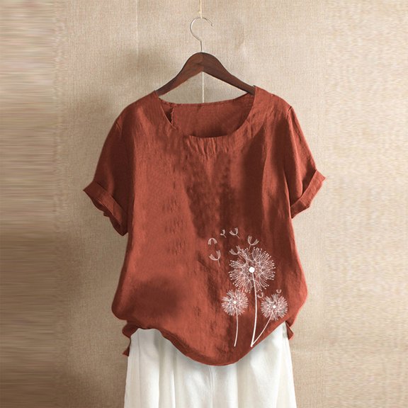 DailyTrove Women's Vintage Dyed Short Sleeve Blouse - Crew Neck Casual Top, Retro for Daily & Photoshoots