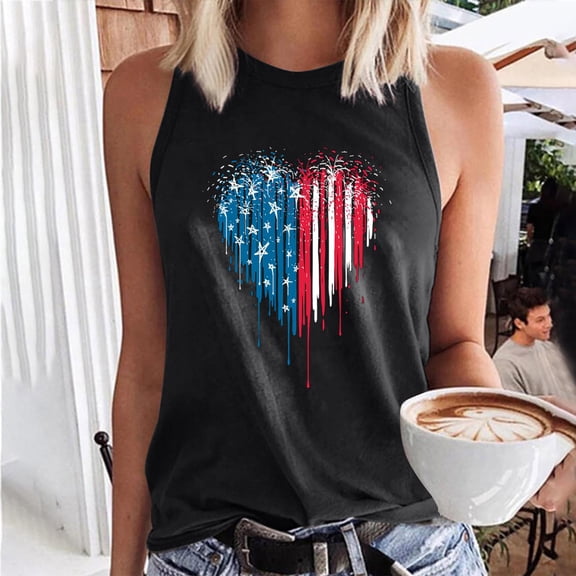 DailyTrove Women's Watercolor American Flag Heart Tank Top - Polyester Patriotic Casual Wear, Artistic for Outings