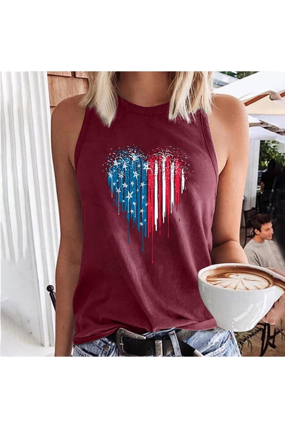 Women's Watercolor American Flag Heart Tank Top - Polyester Patriotic Casual Wear, Artistic for Outings