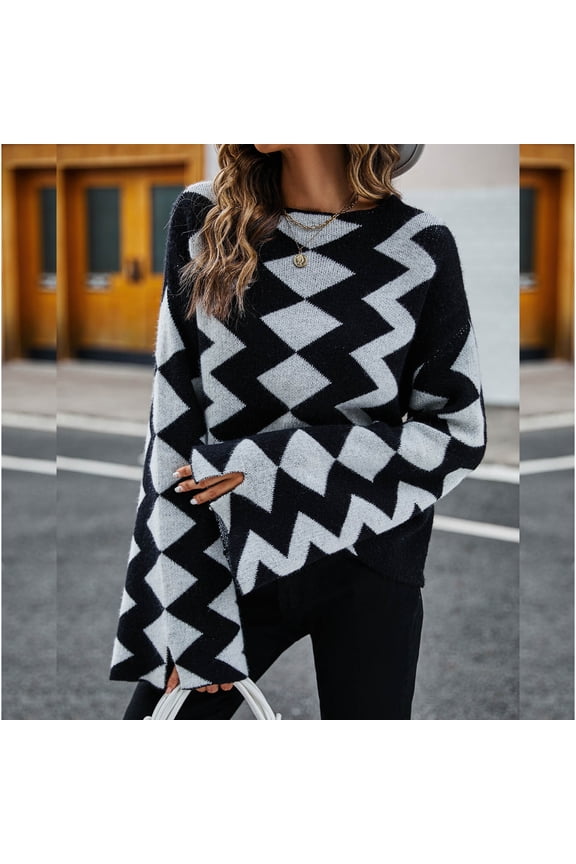 Women's Wave-Knit Sweater, Long Sleeve, Casual Street & Festival Wear, Soft Wool Blend, Plus Size Friendly