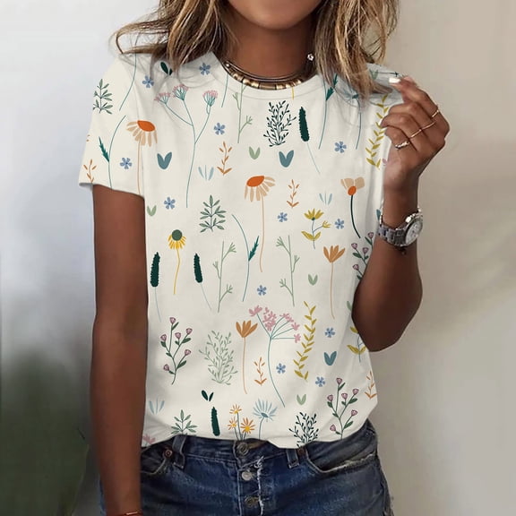 DailyTrove Women's Whimsical Illustrations Print T-Shirt - Short Sleeve Casual Tee, Playful for Daily & Gatherings
