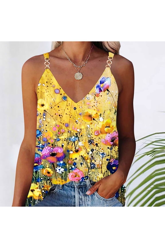 Women's Yellow Floral Fringe Cami Tank - Spaghetti Strap Casual Top, Vibrant for Summer & Outdoor Events