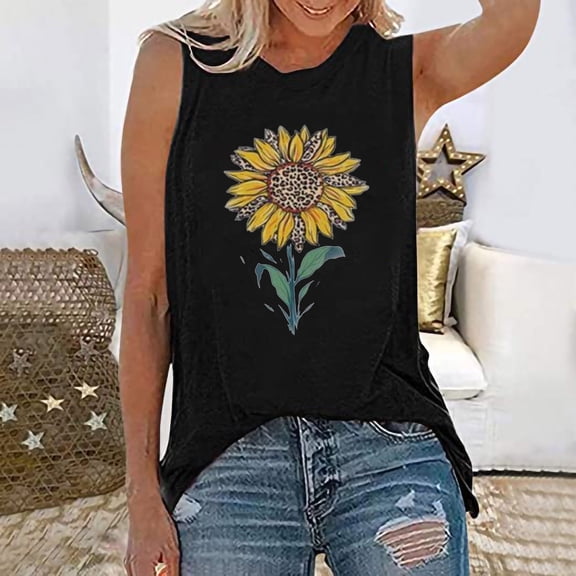 DailyTrove Women's Yellow Sunflower Graphic Tank Top - Polyester Casual Summer & Festival Wear, Cute for Beach & Gatherings