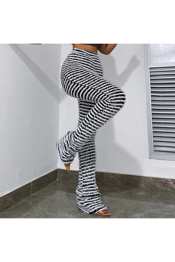 Women's Zebra Striped Flare Pants - High Waisted Casual Trousers, Stretchy for Daily & Parties