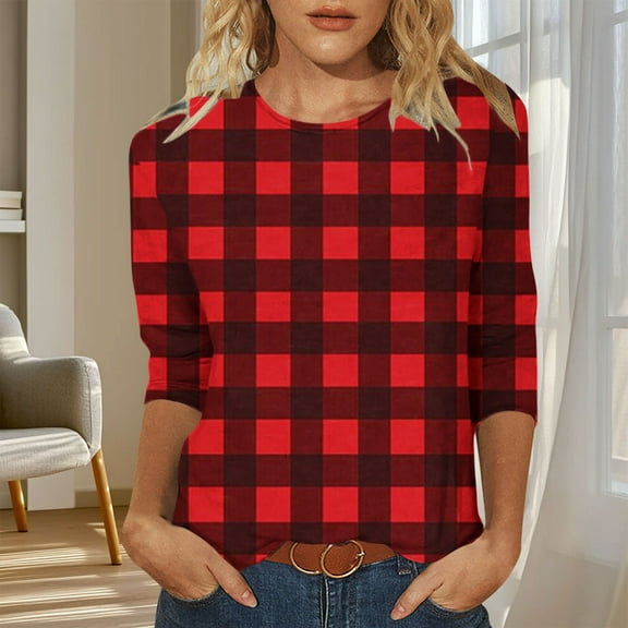 DailyTrove Womens Christmas Red Black Plaid 3/4 Sleeve Blouse - Loose Fit Holiday Casual Wear,Red,XXXL