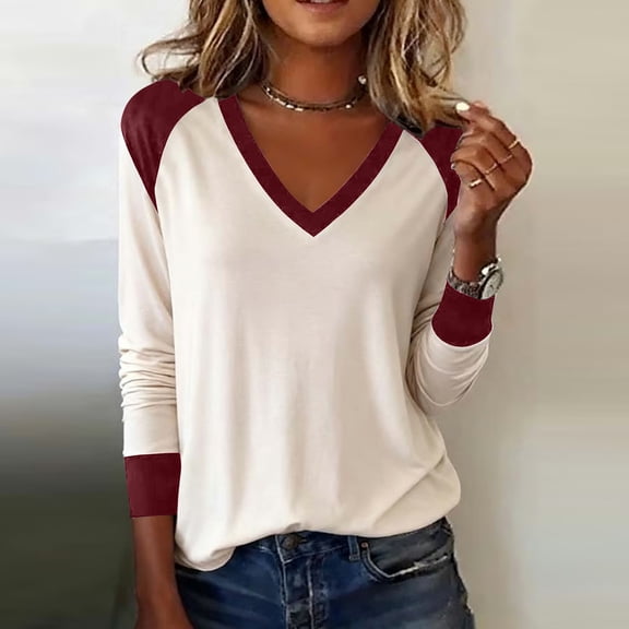 DailyTrove Womens Fall Winter Contrast Shoulder V-Neck Top - Long Sleeve Loose Fit, Casual Daily Wear,Wine,XXL