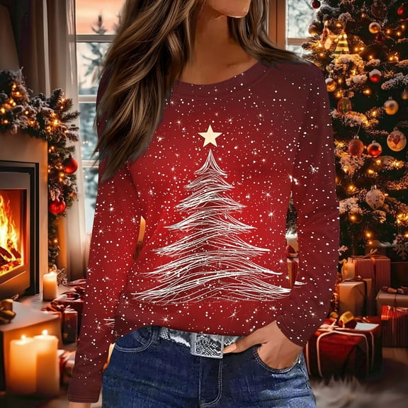 DailyTrove Womens Fall Winter Red Christmas Tree Star Print Top - Long Sleeve Loose Fit, Festive Casual Wear,Red,XXXL
