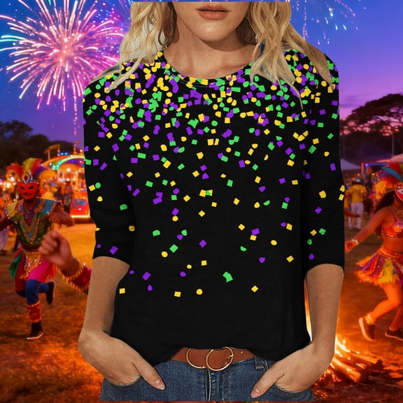 DailyTrove Womens New Year Firework Confetti Print 3/4 Sleeve Blouse - Loose Fit Festive Casual Wear,Black,XXXL
