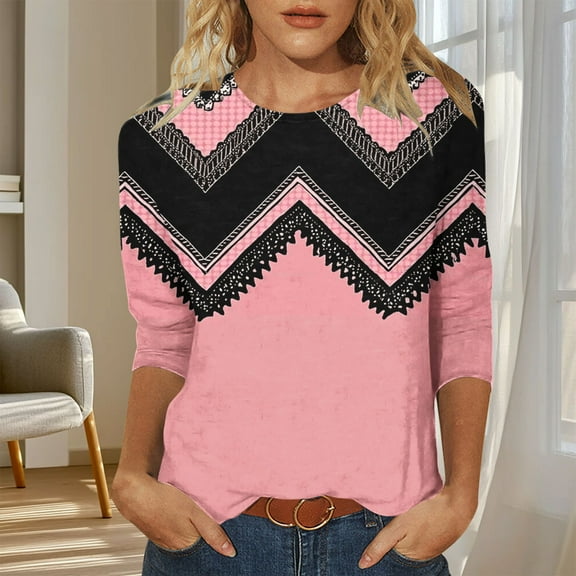 DailyTrove Womens Pink Black Chevron Print 3/4 Sleeve Blouse - Loose Fit Casual Daily Wear,Pink,XXL