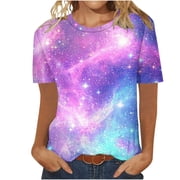DailyTrove Womens Purple Blue Galaxy Print Short Sleeve T-Shirt - Loose Fit Casual Daily Wear,Purple,L