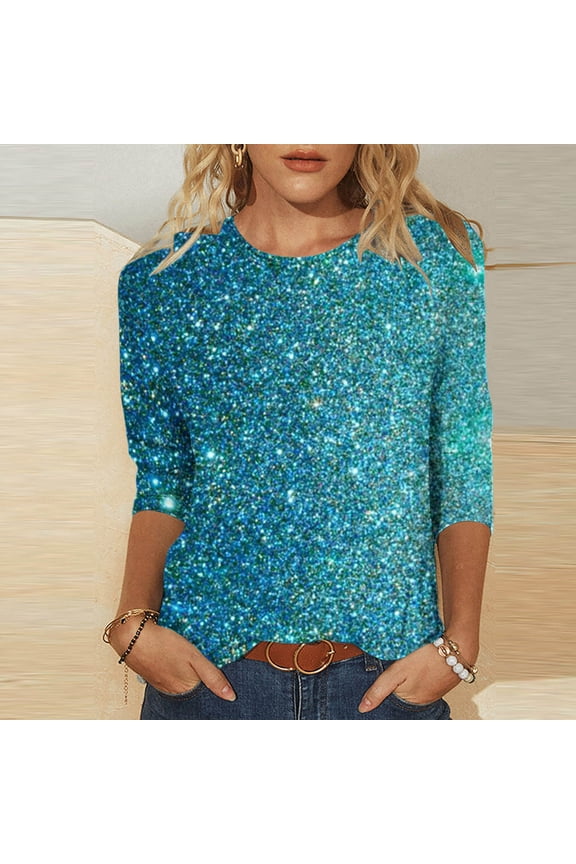 Womens Teal Sequin Pattern 3/4 Sleeve Blouse - Slim Fit Casual Daily Wear ,Blue ,S
