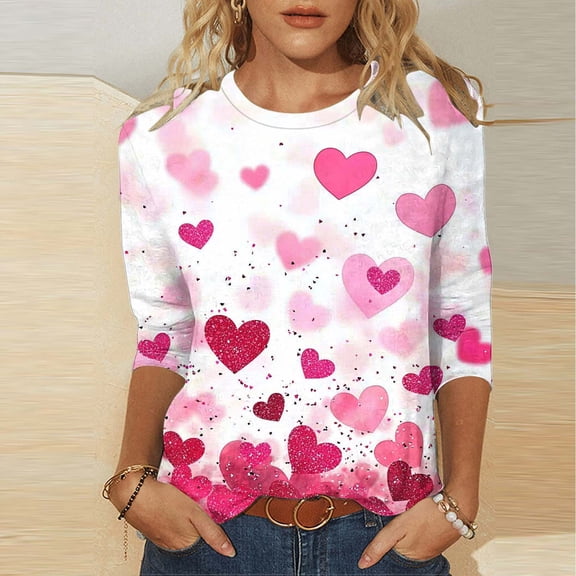 DailyTrove Womens Valentine's Day Pink White Heart Print 3/4 Sleeve Blouse - Loose Fit Daily Casual Wear,Hot Pink,S