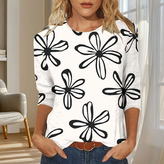 DailyTrove Womens White Black Daisy Print 3/4 Sleeve Blouse - Loose Fit Casual Daily Outfit,Khaki,L