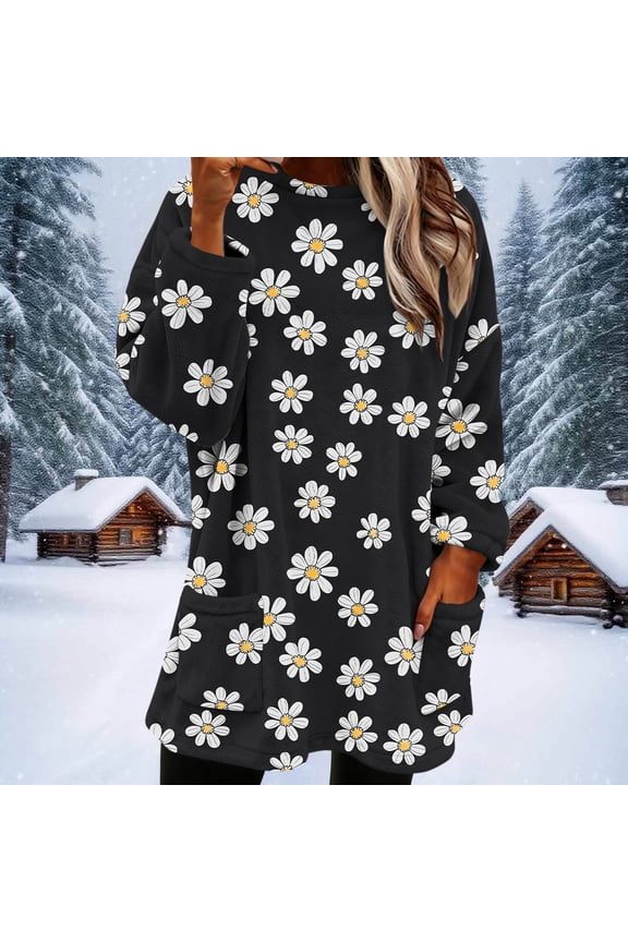 Womens Winter Black Daisy Print Blouse - Long Sleeve Loose Fit, Casual Daily Outfit,Navy,XXXL