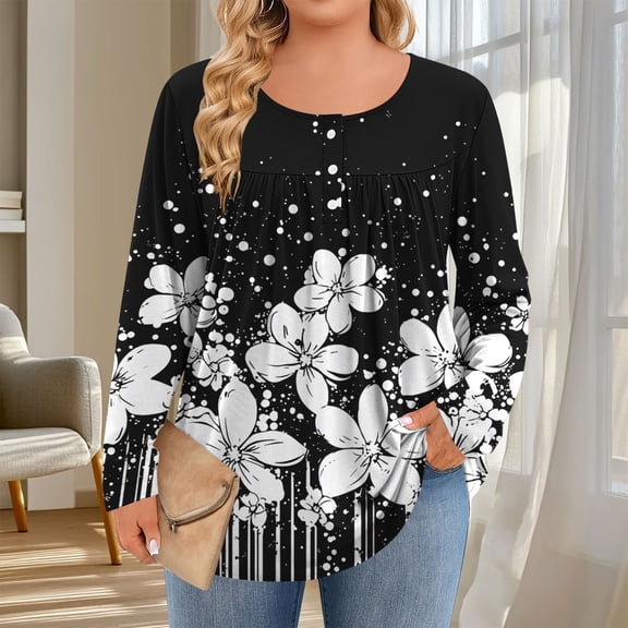 DailyTrove Womens Winter Black White Floral Blouse - Long Sleeve Tassel Detail, Casual Daily Wear,Black,XXXL