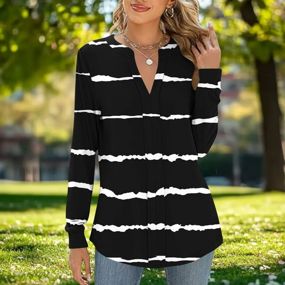 DailyTrove Womens Winter Black White Striped V-Neck Blouse - Long Sleeve Loose Fit, Casual Daily Wear,Black,XL