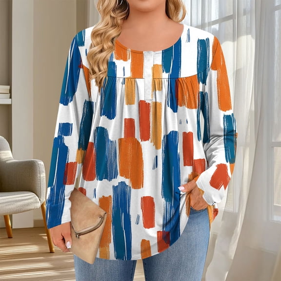 DailyTrove Womens Winter Blue Orange Patterned Blouse - Long Sleeve Loose Fit, Casual Daily Outfit,Orange,XXXXL