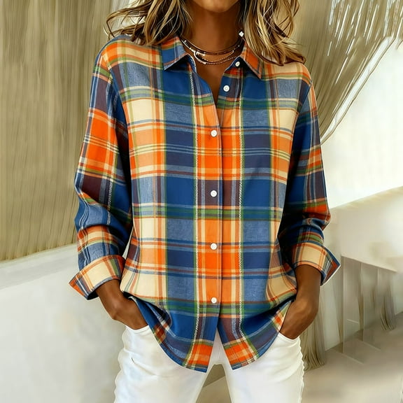 DailyTrove Womens Winter Blue Orange Yellow Plaid Button Shirt - Long Sleeve Loose Fit, Casual Daily Wear,Orange,S