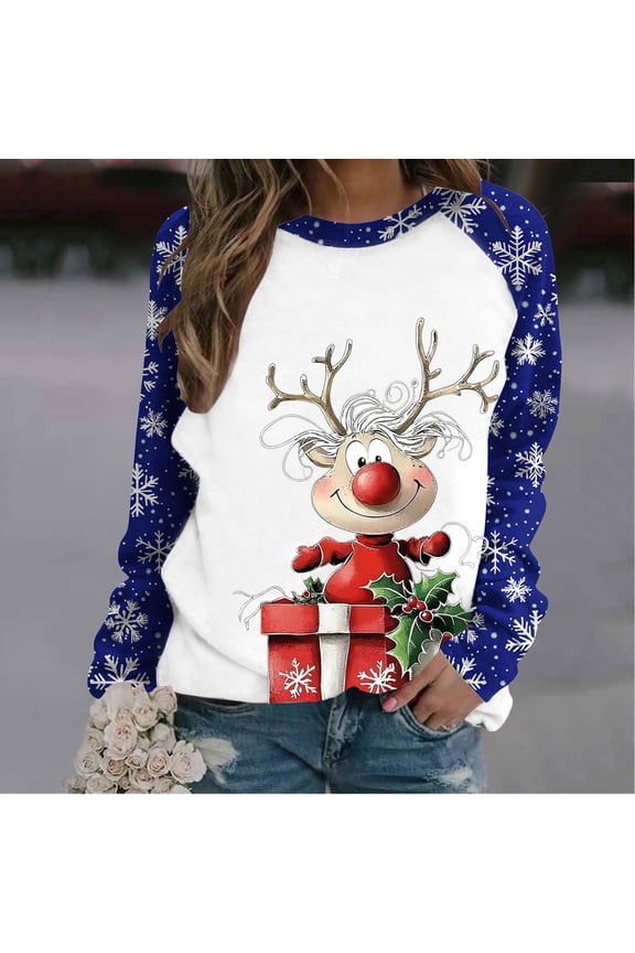 Womens Winter Christmas Reindeer Sweater - Long Sleeve Red Accent, Festive Casual Wear,Blue,S