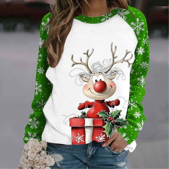 DailyTrove Womens Winter Christmas Reindeer Sweater - Long Sleeve Red Accent, Festive Casual Wear,Green,XL