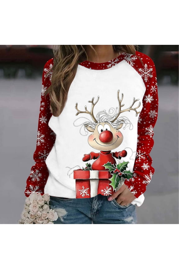 Womens Winter Christmas Reindeer Sweater - Long Sleeve Red Accent, Festive Casual Wear,Red,M