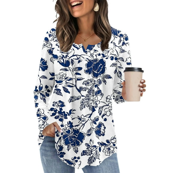 DailyTrove Womens Winter Floral Blouse - Long Sleeve V-Neck Loose Fit, Casual Daily Wear,Blue,L