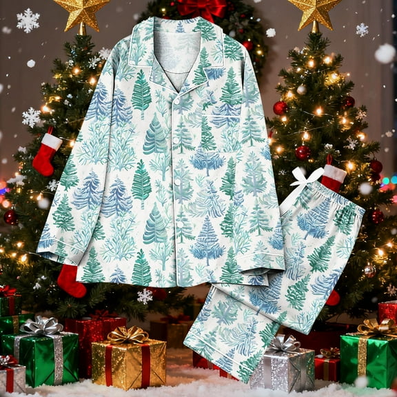 DailyTrove Womens Winter Light Blue Christmas Tree Pajama Set - Long Sleeve Loose Fit, Festive Loungewear,Light Blue,M
