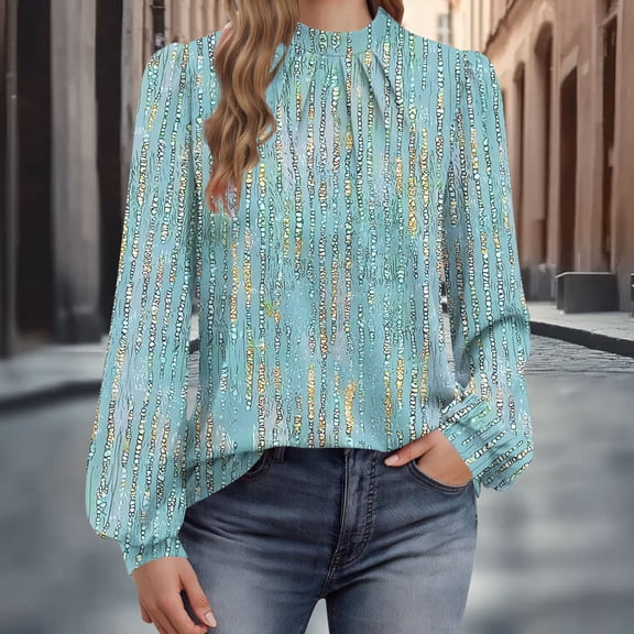 DailyTrove Womens Winter Light Blue Patterned Blouse - Long Sleeve High Neck, Casual Daily Wear,Green,M