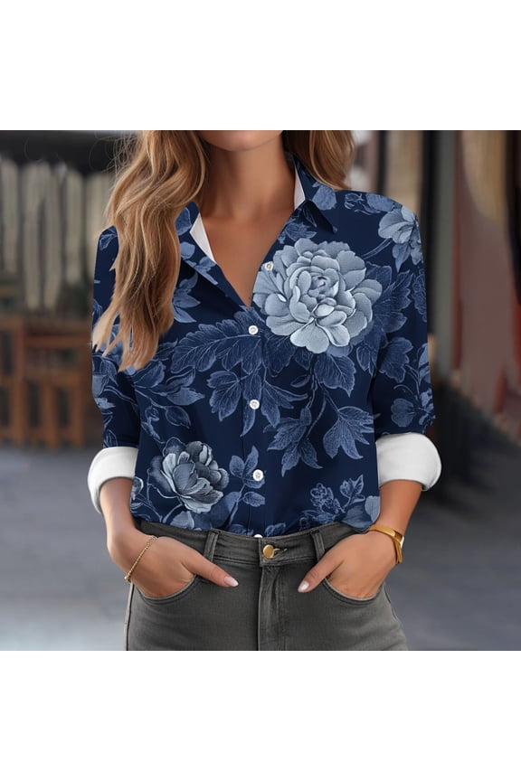 Womens Winter Navy Floral Button Shirt - Long Sleeve Loose Fit, Casual Daily Outfit,Navy,XXL