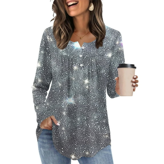 DailyTrove Womens Winter Star Print Blouse - Long Sleeve Loose Fit, Daily Casual Wear,Gray,L