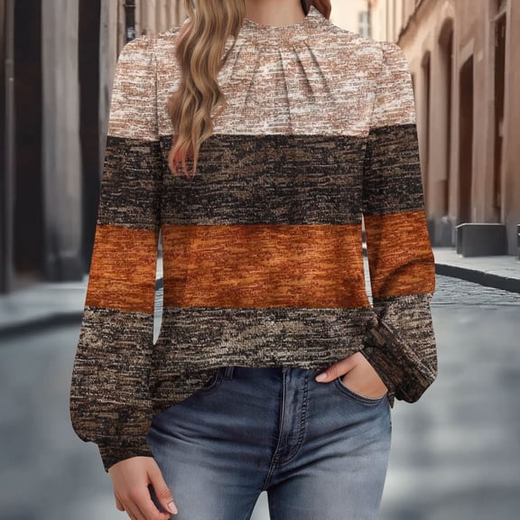 DailyTrove Womens Winter Striped Turtleneck Blouse - Long Sleeve Loose Fit, Casual Daily Wear,Brown,XXL