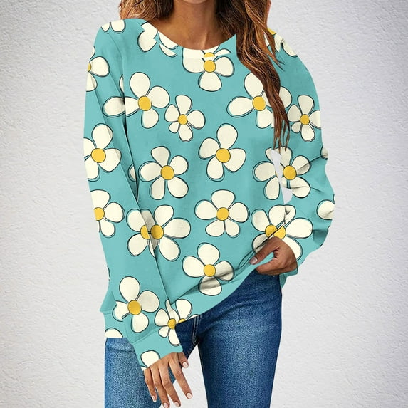 DailyTrove Womens Winter Teal Yellow Daisy Blouse - Long Sleeve Loose Fit, Casual Daily Outfit,Light Blue,XXL