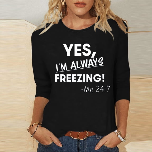 DailyTrove Womens Winter "YES I'M ALWAYS FREEZING" Graphic Short Sleeve T-Shirt - Loose Fit Casual Daily Wear,Black,M