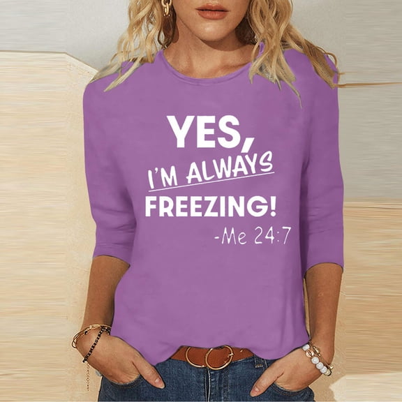 DailyTrove Womens Winter "YES I'M ALWAYS FREEZING" Graphic Short Sleeve T-Shirt - Loose Fit Casual Daily Wear,Purple,XXXL
