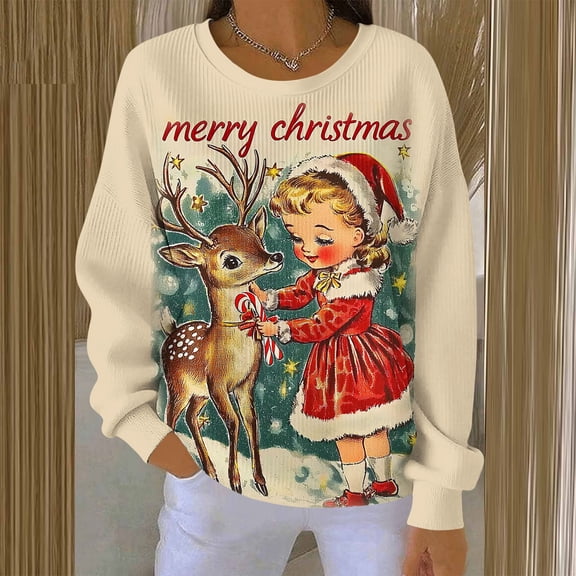 DailyTrove Womens Xmas Girl Reindeer Sweater - Loose Long Sleeve, Holiday Casual Wear,Khaki,S