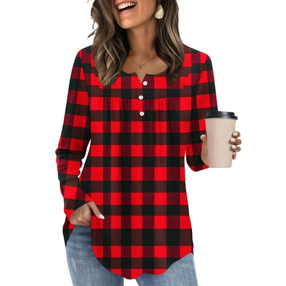 DailyTrove Womens Xmas Red Black Plaid Blouse - Long Sleeve Button Front, Casual Wear,Red,S