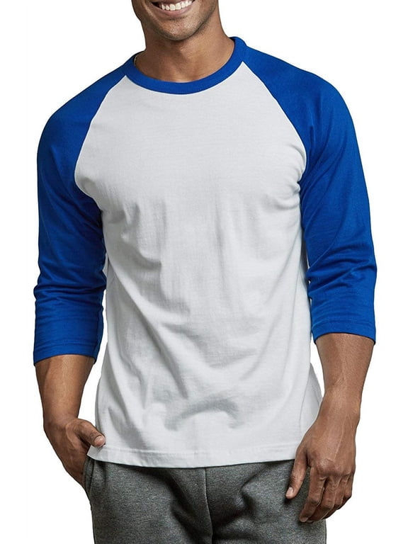 Mens Casual 3/4 Sleeve Plain Baseball Cotton T Shirts R.Blue/WHT, Large