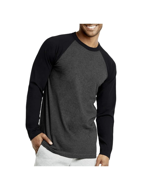 Mens Casual Long Sleeve Plain Baseball Cotton T Shirts Black/C.Grey, 2Xlarge