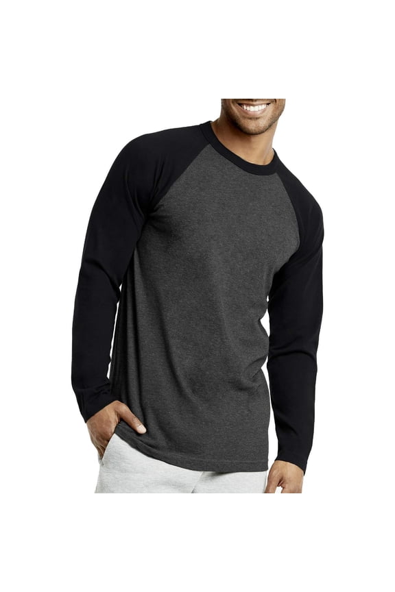 Mens Casual Long Sleeve Plain Baseball Cotton T Shirts Black/C.Grey, Medium