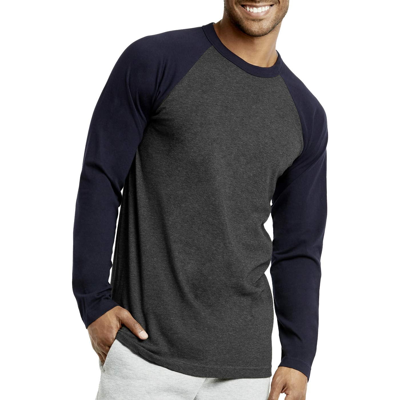 DailyWear Mens Casual Long Sleeve Plain Baseball Cotton T Shirts Navy/C.Grey, Small