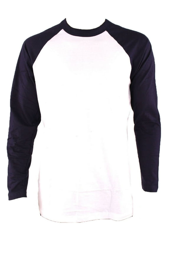 Mens Casual Long Sleeve Plain Baseball Cotton T Shirts, Navy White, Large