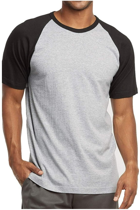 Mens Casual Short Sleeve Plain Baseball Cotton T Shirts BLK/LT.G, XLarge