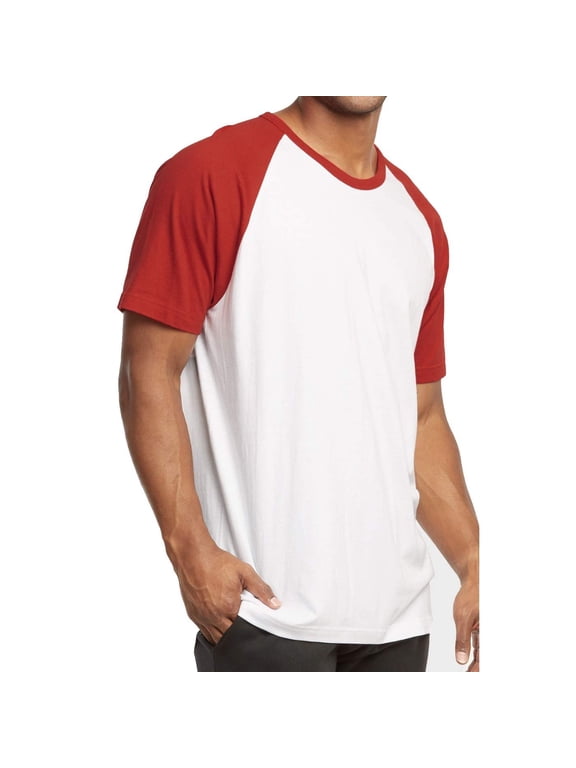 Mens Casual Short Sleeve Plain Baseball Cotton T Shirts RED/WHT, Large