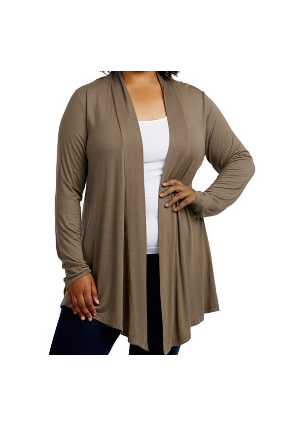 Women's Open-Front Soft Draped Long Sleeve Cardigan Sweater Longline Tunic Taupe, Small