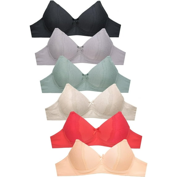 DailyWear Womens 6 Pack of Everyday Plain Bra, Lace Bra, Wireless Bra 4465PLN, 34C