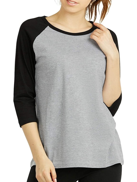 Womens Casual 3/4 Sleeve Plain Baseball Cotton T Shirts BLK/LT.G, Large