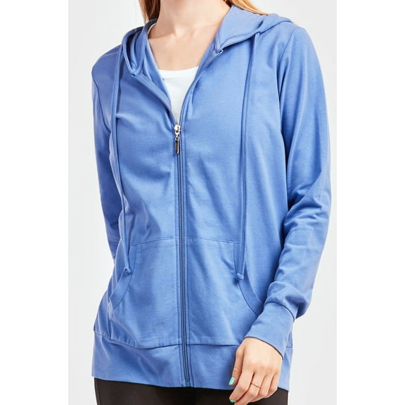 DailyWear Womens Long Sleeve Thin Cotton Full Zip Up Hoodie Jacket Blue, Small